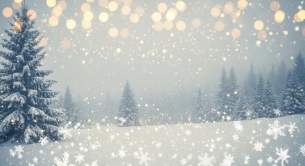 Eine sanft verschneite Winterlandschaft mit Tannen, funkelnden Lichtern und fallenden Schneeflocken erzeugt eine ruhige, magische und festliche Atmosph&auml;re. Generative KI