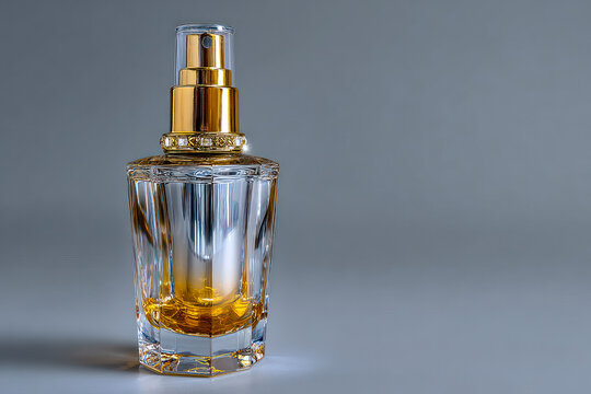 Luxury crystal perfume bottle with golden spray cap on gray background