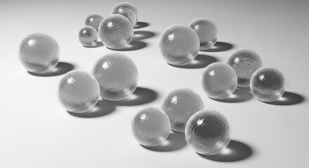 Transparent spheres casting shadows on a white surface with soft lighting