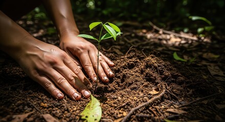 Hands Planting Young Tree Seedling in Rich Soil Surrounded by Lush Green Nature