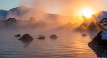 Beautiful Sunset Over Misty Hot Springs with Snowy Mountains in Background – Tranquil Travel Scene