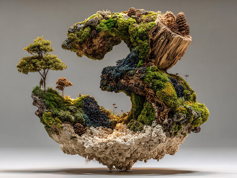 a creative piece made from natural materials such as driftwood, moss, and small mushrooms. The piece is shaped like the number 3