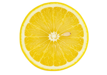 Vibrant yellow lemon slice, perfectly cut, translucent juicy pulp, radiating segments, white pith, textured rind, on a transparent background with copy space, concept of freshness and natural