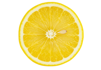 Vibrant yellow lemon slice, perfectly cut, translucent juicy pulp, radiating segments, white pith, textured rind, on a transparent background with copy space, concept of freshness and natural