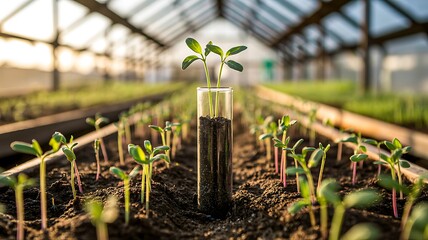 Young plant growing in soil inside greenhouse for agriculture research