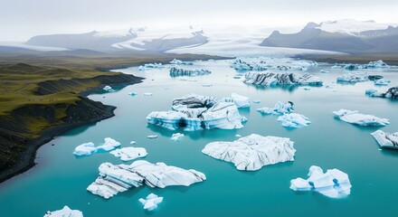 Majestic Icebergs Floating in Crystal Clear Glacial Lake Under Cloudy Sky