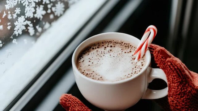 Warm cup of cocoa with peppermint stirring on a cozy winter day by the window