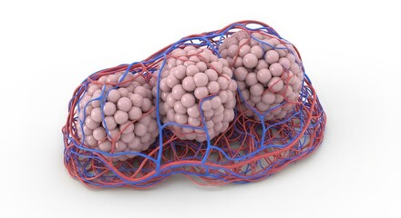 Medical illustration of anatomical structure with veins arteries and cellular clusters