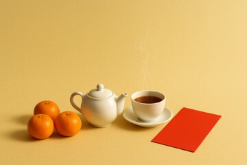 Chinese lunar new year setting with oranges, teapot, cup, and red envelope