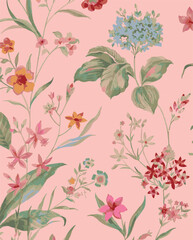 Romantic floral print with wildflowers sketch. Seamless pattern, gentle botanical background with various small flowers. Vector illustration.