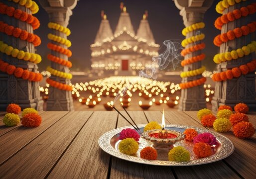 A beautifully decorated puja thali with flowers and diya, set against the backdrop of a brightly lit temple during diwali festival celebration