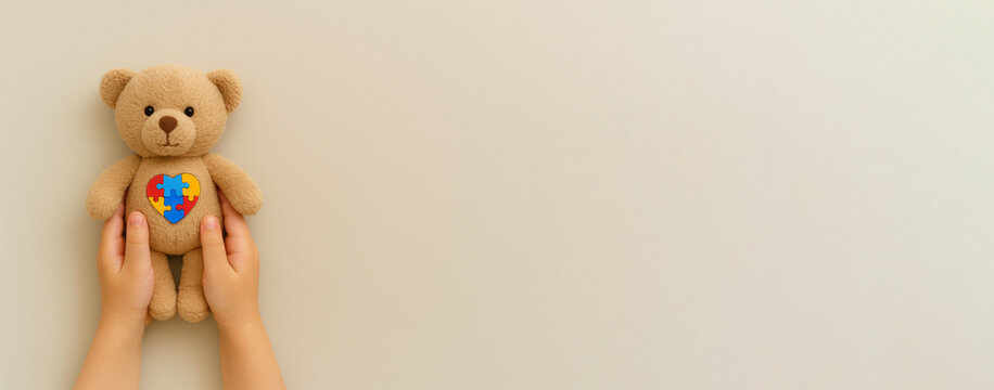 Autism awareness bear with puzzle heart held by child, copy space, background