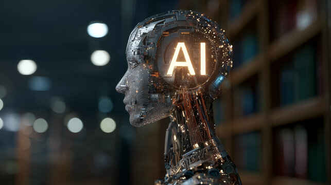 AI Conceptualization: A futuristic metallic head radiates intelligence. The image represents the forefront of technological advancement.