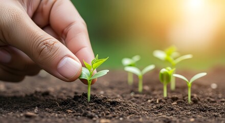 Hand planting young seedlings in fertile soil for new growth