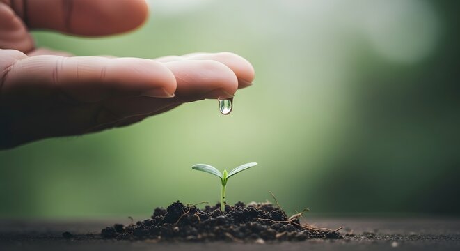Hand watering a seedling sprout growing from soil with blurred green background - Powered by Adobe