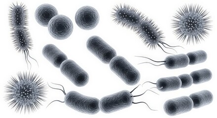 Microscopic view of various bacteria shapes on a clean white background