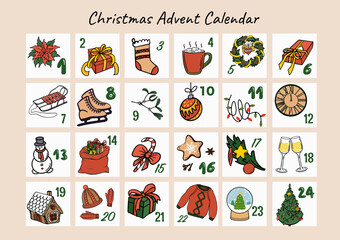 Fototapeta premium A festive Christmas advent calendar with 24 illustrated holiday icons from poinsettia and gifts to stockings and snow globes in numbered panels. Playful hand-drawn style uses warm reds, greens, and ne