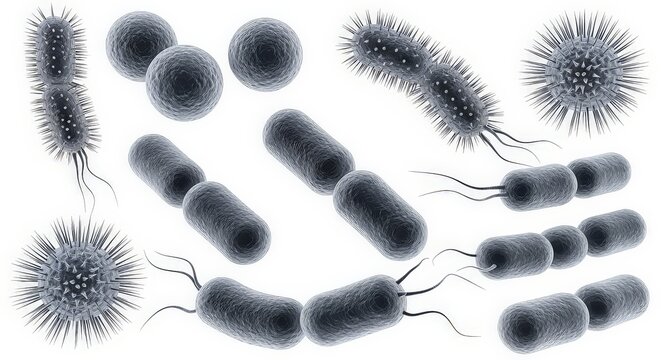 Microscopic view of various bacteria shapes on a clean white background