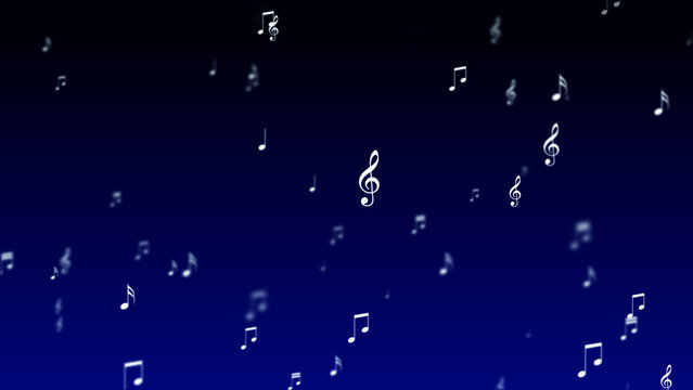 musical notes flying on dark blue , blur white notas music and song play social media background