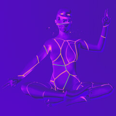 Glowing purple 3D figure sits in a meditative pose, with neon lines tracing geometric patterns on the body. Conceptual 3D illustration for themes of futurism, meditation, and digital spirituality.