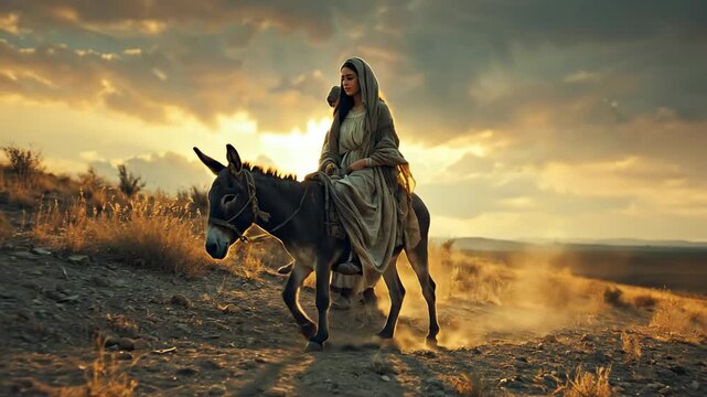 Joseph and the Virgin Mary on a donkey. Ancient times, biblical images, travel in the ancient East