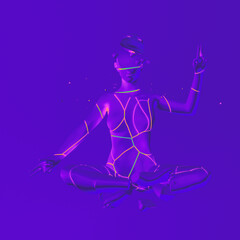 Glowing purple 3D figure sits in a meditative pose, with neon lines tracing geometric patterns on the body. Conceptual 3D illustration for themes of futurism, meditation, and digital spirituality.