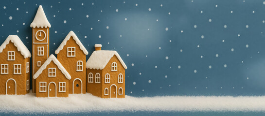 Christmas gingerbread house with snow against blue sky, suitable for holiday background