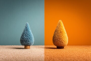 Miniature trees presenting contrasting warm and cool colors
