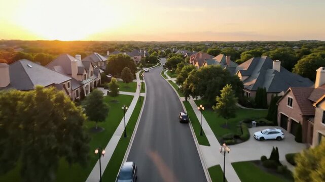 Aerial View of Suburban Neighborhood Street at Sunset.