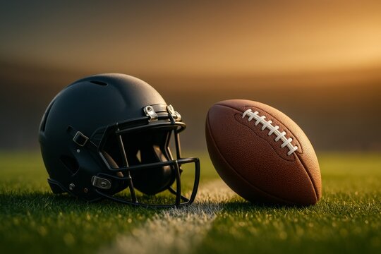 American football helmet and ball on grassy field during sunset
