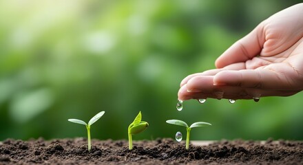 Gentle hand watering young seedlings in fertile soil for growth