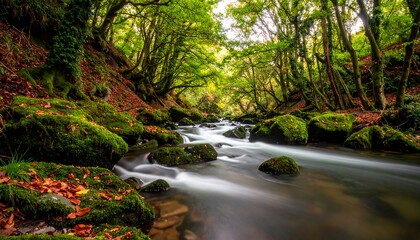 Serene forest scene with stream flowing over mossy rocks