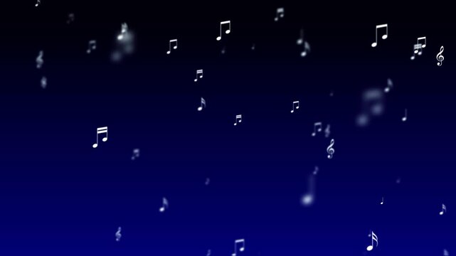 musical notes flying on dark blue animation, blur white notas music and song play social media motion background
