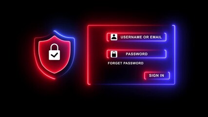 Neon Cyber Security Login Screen with Shield and Input Fields password username.  Safe Login Interface with Password Protection, Cybersecurity Measures. - Powered by Adobe