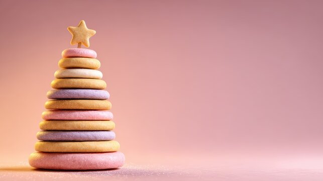 Festive Christmas tree made of colorful cookies on a soft pink background