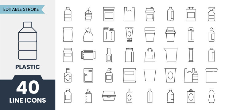 Plastic line icons set with editable stroke. Contains icons related to water bottle, packaging, zip package, spray, bag, disposable tableware and more. Vector illustration