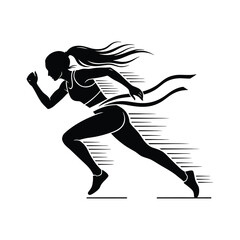 Female Athlete Running Vector Silhouette Crossing Finish Line Competition Speed Achievement Endurance Victory Black and White Sport Illustration