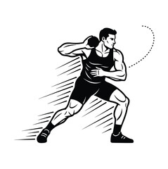 Shot Put Athlete Vector Silhouette Throwing Sport Action Physical Strength Competition Exercise Training Athletic Illustration Black and White