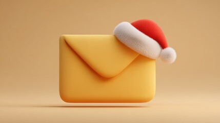 Christmas email concept with a Santa hat on a yellow envelope