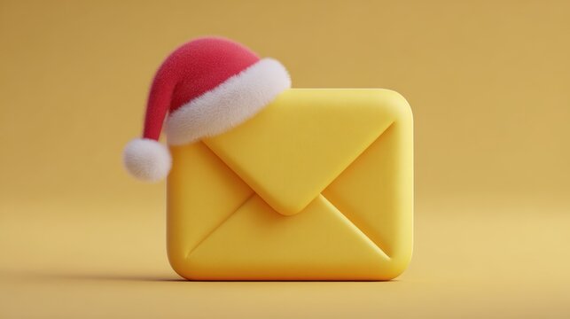 Christmas email concept with Santa hat on a yellow envelope - Powered by Adobe
