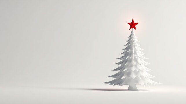Minimalist white Christmas tree with a red star on a bright background