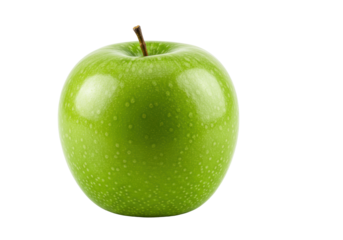 A vibrant green Granny Smith apple with short brown stem, glossy speckled skin, isolated on a transparent background with copy space, studio lighting. Healthy food advertising concept
