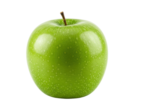 A vibrant green Granny Smith apple with short brown stem, glossy speckled skin, isolated on a transparent background with copy space, studio lighting. Healthy food advertising concept
