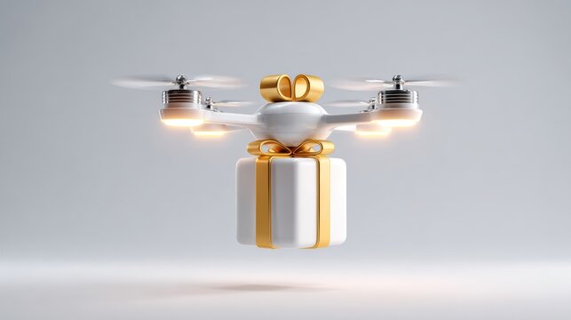 Drone delivering a gift box with a gold ribbon against a soft gray background