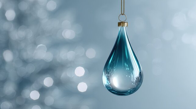 Elegant blue teardrop Christmas ornament with bokeh background