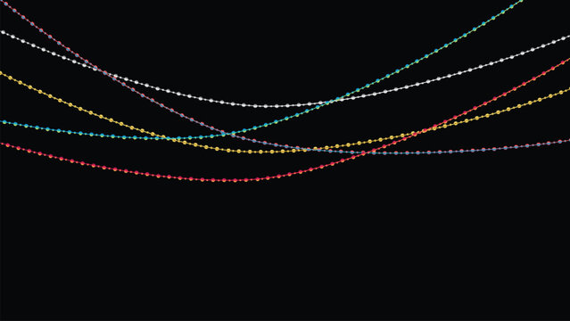 Colorful string of tiny festive lights or bunting hanging against a solid black background