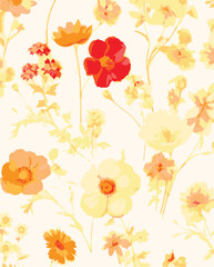 Romantic floral print with wildflowers sketch. Seamless pattern, gentle botanical background with various small flowers. Vector illustration.