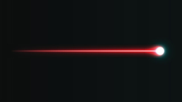 Bright red laser beam light streak with glowing tip moving across dark background