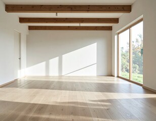 Fototapeta premium Bright and spacious empty room with wooden beams and large windows in a contemporary building