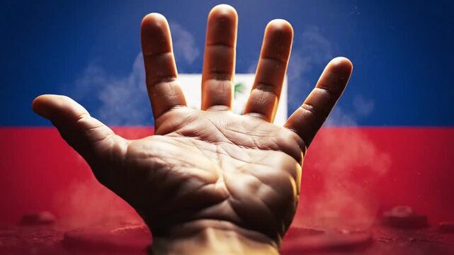 Dramatic close-up of a human hand emerging and opening from a dark surface against the Haitian flag for struggle and resilience concept, Independence Day of Haiti